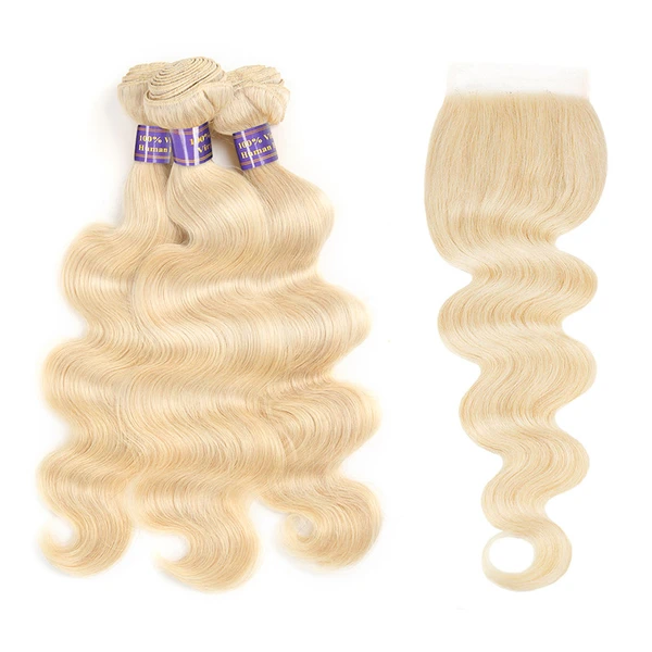 613 Blonde Color Brazilian Body Wave With 4*4 Lace Closure 100% Unprocessed Human Hair Extension