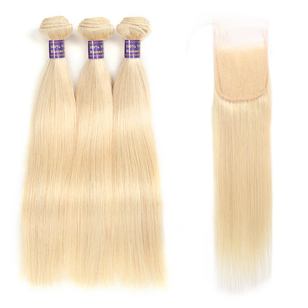 613 Blonde Color Brazilian Straight Hair With 4*4 Lace Closure 100% Unprocessed Human Hair 