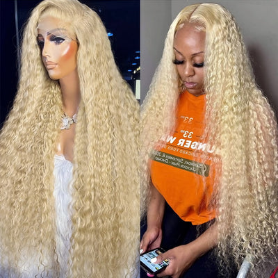 613 Blonde Deep Curly Wig 40 Inch Long Wig 13x4 Lace Frontal Wig Glueless Human Hair Honey Blonde Deep Wave Wigs