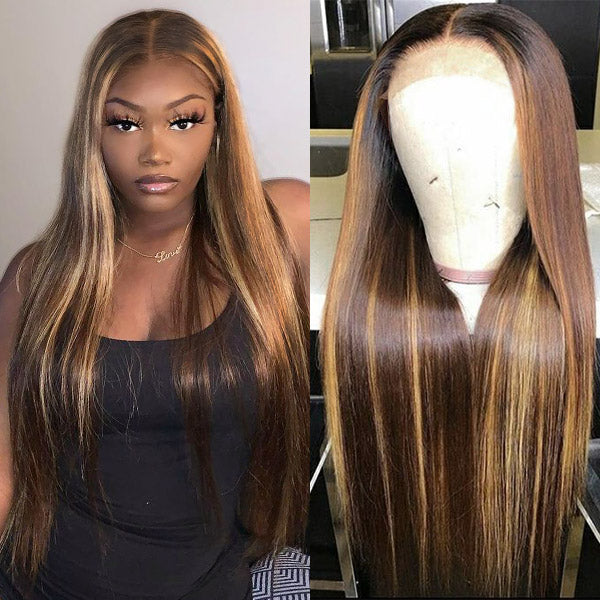 Straight Hair Wig Honey Blonde Highlights Wig 13x6 HD Lace Front Wig Straight Lace Frontal Human Hair Wig Glueless Wigs