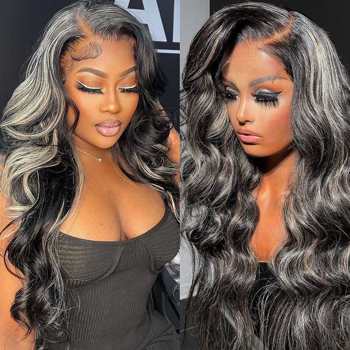 30 Inch Grey And Black Hair 13x4 Body Wave Lace Front Wig Black with Gray Human Hair Glueless Wig