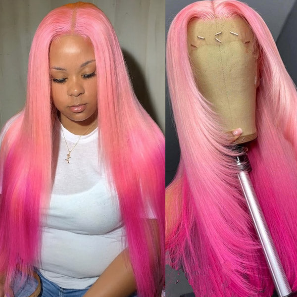 Rose Pink Straight Wig 13x4 HD Lace Front Wig Glueless Straight Human Hair Wigs 180% Density Barbie Hair Style