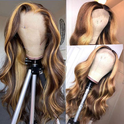 Honey Blonde Highlights Wigs 5x5 Lace Wig Body Wave Human Hair Wigs Glueless Wigs