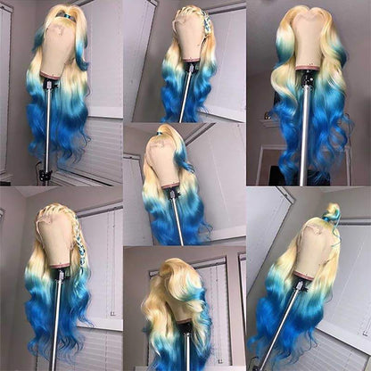 Ombre Blonde Blue Color Body Wave Lace Front Wig Pre-plucked 13x4 HD Lace Body Wave Human Hair Wig 32 Inch