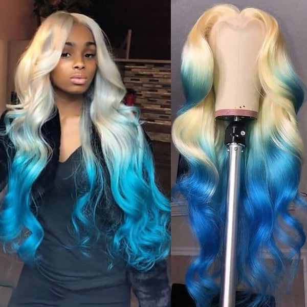 Ombre Blonde Blue Color Body Wave Lace Front Wig Pre-plucked 13x4 HD Lace Body Wave Human Hair Wig 32 Inch