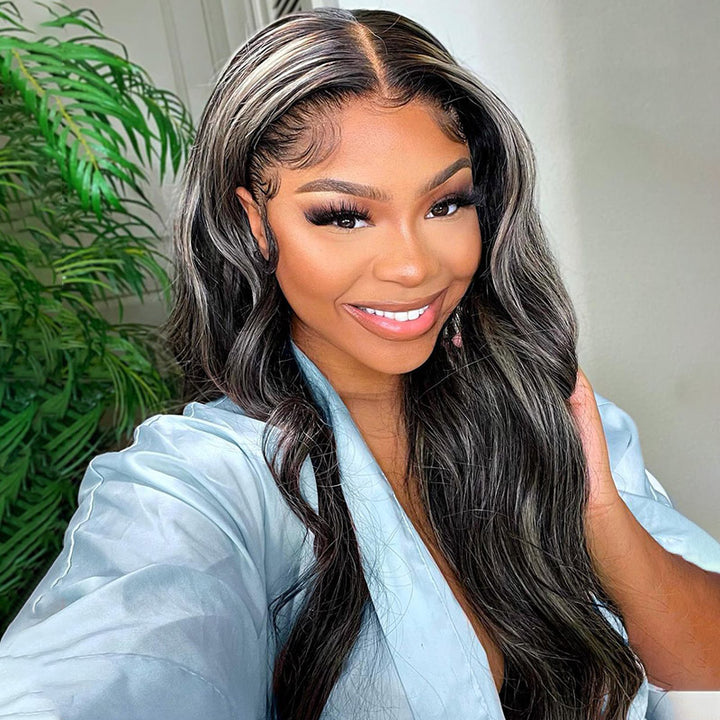 30 Inch Grey And Black Hair 13x4 Body Wave Lace Front Wig Black with Gray Human Hair Glueless Wig