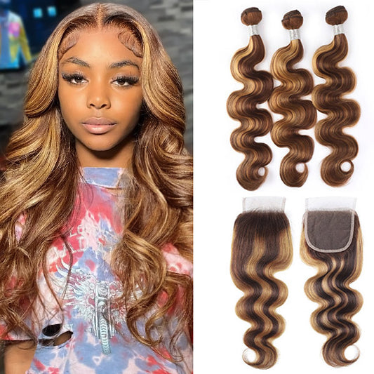 Colored P4/27 Highlight Body Wave Human Hair 3 Bundles with 4x4 Lace Closure