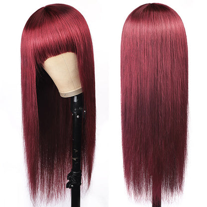 99J Straight Human Hair Machine Made Wigs With Bangs Burgundy Color