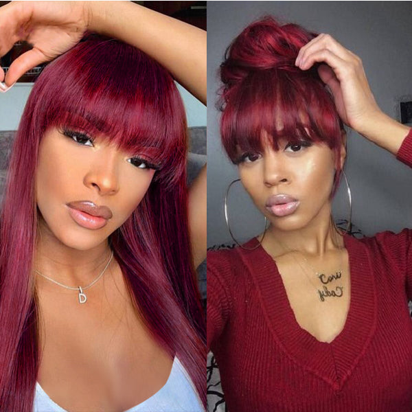 99J Color Brazilian Human Hair Wigs With Bangs No Lace Wigs Straight Hair Wigs With Bangs American African Wigs For Black Women