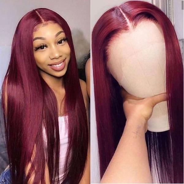 99J Middle Part Transparent 13×4 Lace Part Wig Burgundy Wig Colored Human Hair Wigs