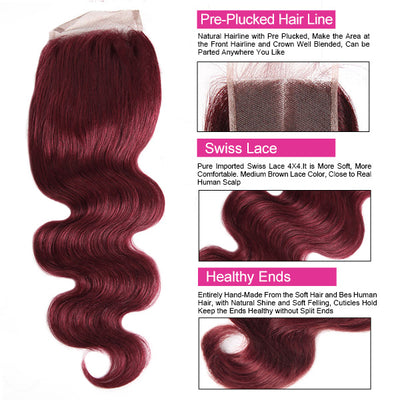 Burgundy Bundles with Closure Body Wave Human Hair 3 Bundles With 4x4 Lace Closure Brazilian Hair