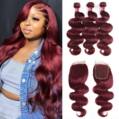 Burgundy Bundles with Closure Body Wave Human Hair 3 Bundles With 4x4 Lace Closure Brazilian Hair