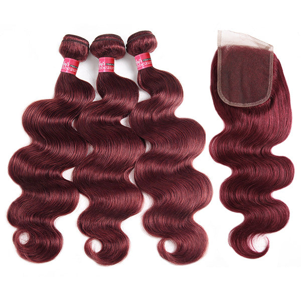 Burgundy Bundles with Closure Body Wave Human Hair 3 Bundles With 4x4 Lace Closure Brazilian Hair