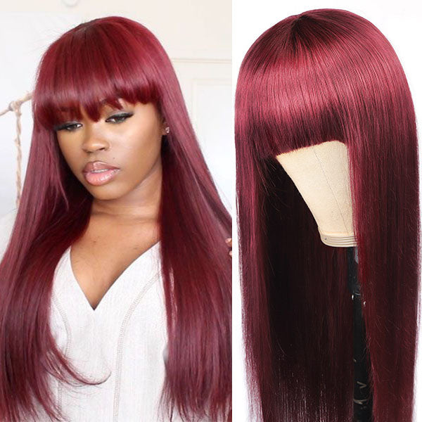 99J Straight Human Hair Machine Made Wigs With Bangs Burgundy Color