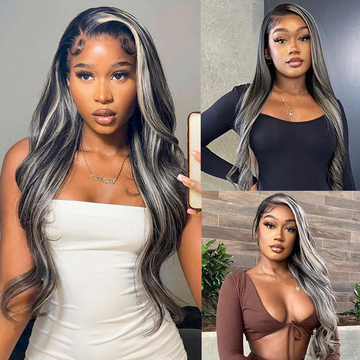 30 Inch Grey And Black Hair 13x4 Body Wave Lace Front Wig Black with Gray Human Hair Glueless Wig