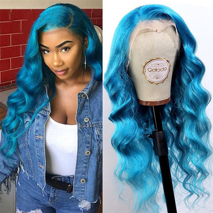 Sky Blue Lace Front Wig Body Wave 13x4 Lace Frontal Wig Preplucked Light Blue Colored Human Hair Wig