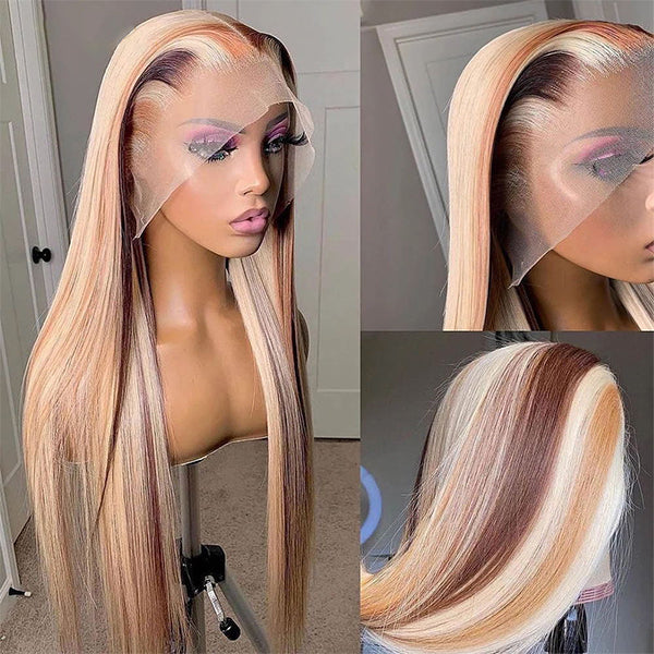 Glueless Wigs 13x4 HD Lace Front Wigs Straight Human Hair Wigs Honey Blonde Brown 613 Balayage Highlight Colored Wigs
