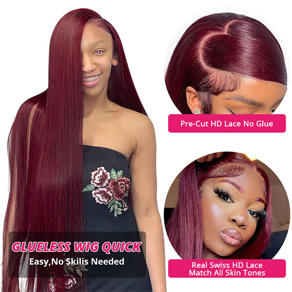 Wear and Go 99J Straight Lace Front Wig Glueless Human Hair Wig 30 Inch 13x4 HD Lace Wigs Pre Cut