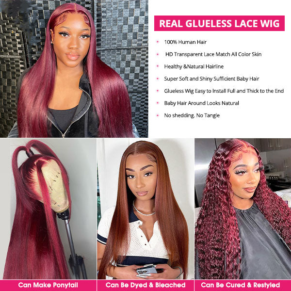 Wear and Go 99J Straight Lace Front Wig Glueless Human Hair Wig 30 Inch 13x4 HD Lace Wigs Pre Cut