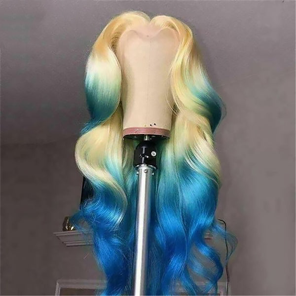 Ombre Blonde Blue Color Body Wave Lace Front Wig Pre-plucked 13x4 HD Lace Body Wave Human Hair Wig 32 Inch