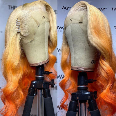Blonde Ginger Ombre Color Body Wave Human Hair Wig Pre-plucked 13x4 HD Lace Front Wig 32 Inch Long Length Wig