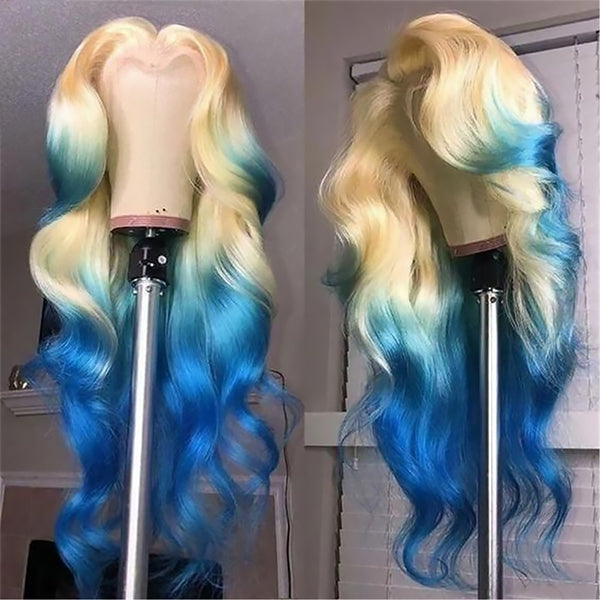 Ombre Blonde Blue Color Body Wave Lace Front Wig Pre-plucked 13x4 HD Lace Body Wave Human Hair Wig 32 Inch