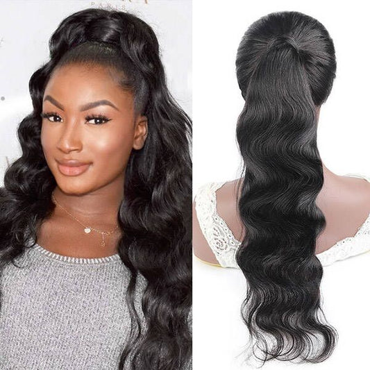 Body Wave Long Wavy Wrap Around Clip In Ponytail Hair Extension Brazilian Remy Human Hair Natural Color Heat Resistant Pony Tail