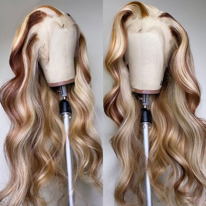 13x4 HD Lace Front Blonde Balayage Highlight Long Wigs Colored Glueless Wig Body Wave Human Hair Lace Front Wigs