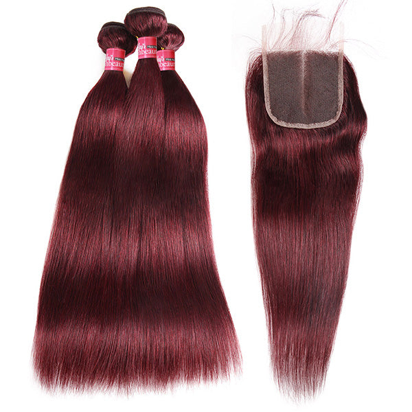 99J Burgundy Hair 3 Hair Bundles With Closure Bone Straight Human Hair With Baby Hair For Black Women