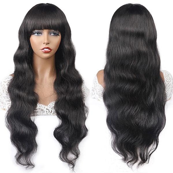 Long Hair Machine Made Wig With Bangs ,Silky Straight Body Wave Wigs Natural Color Without Lace