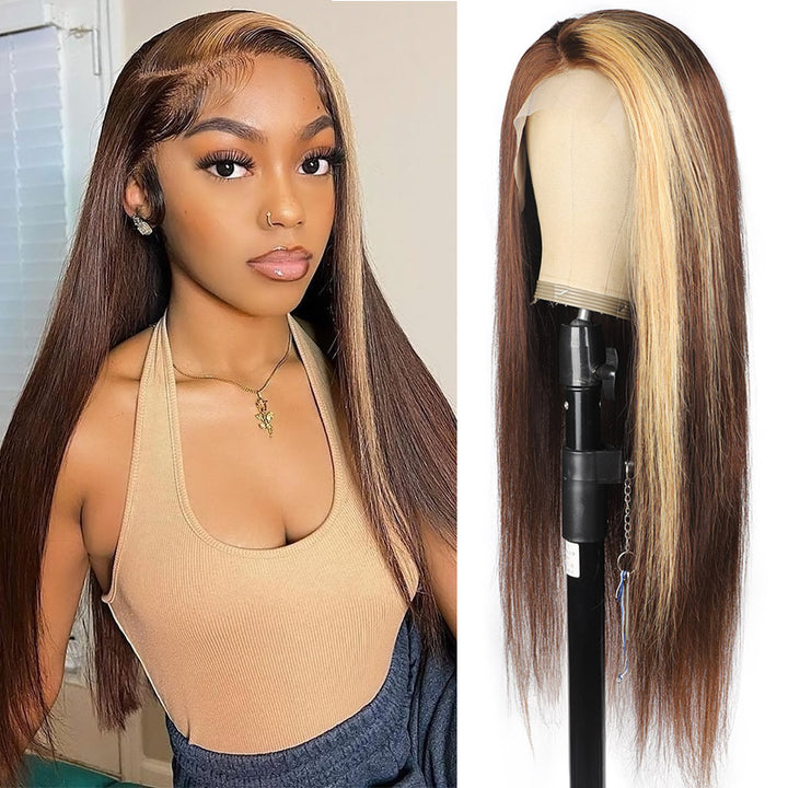 30 Inch Straight Lace Front Wig #27/4 Highlight Brown Lace Frontal Wigs Straight Glueless Wig