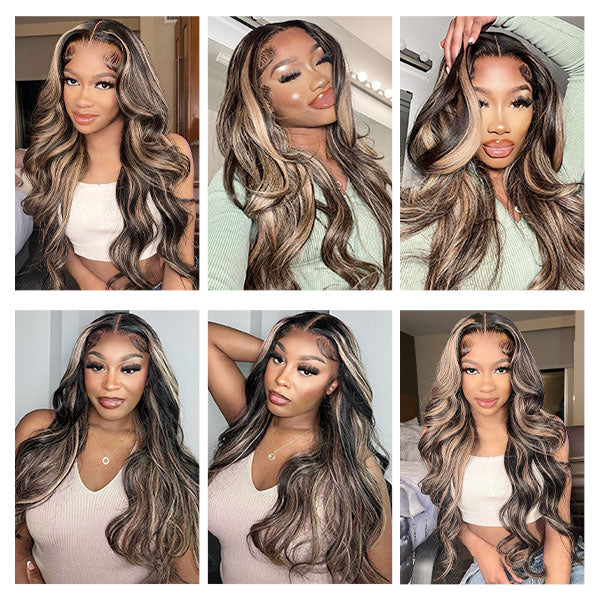 Blonde Highlight Body Wave Lace Front Human Hair Wig Hightlight 1B/27 13x4 HD Lace Frontal Wigs Glueless Wig