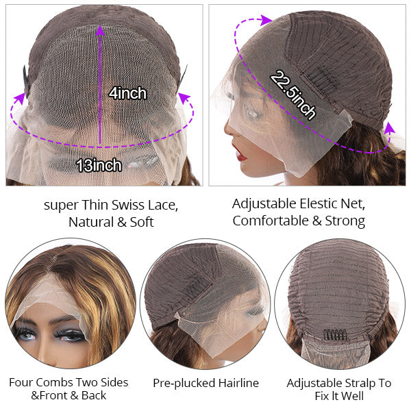 200% Density Wear Go 13x4 Lace Front Wig P4/27 Highlight Color Body Wave Human Hair Lace Wigs 32 Inch Glueless Wigs