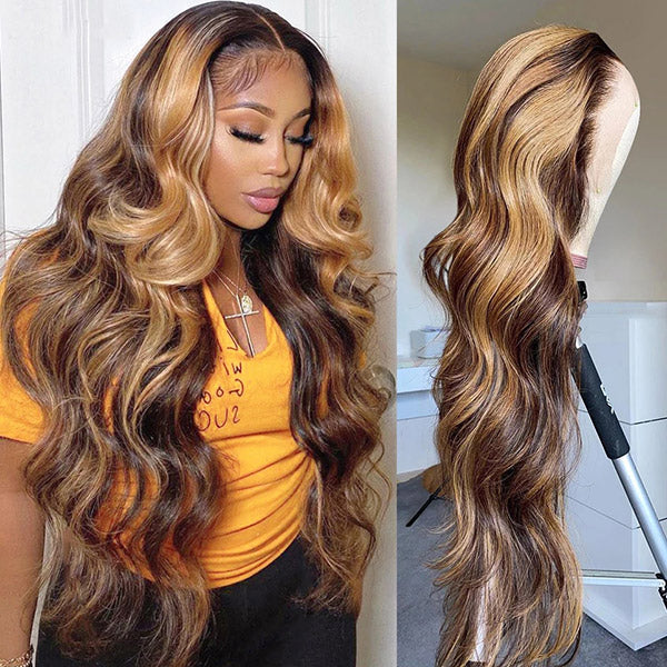 200% Density Wear Go 13x4 Lace Front Wig P4/27 Highlight Color Body Wave Human Hair Lace Wigs 32 Inch Glueless Wigs