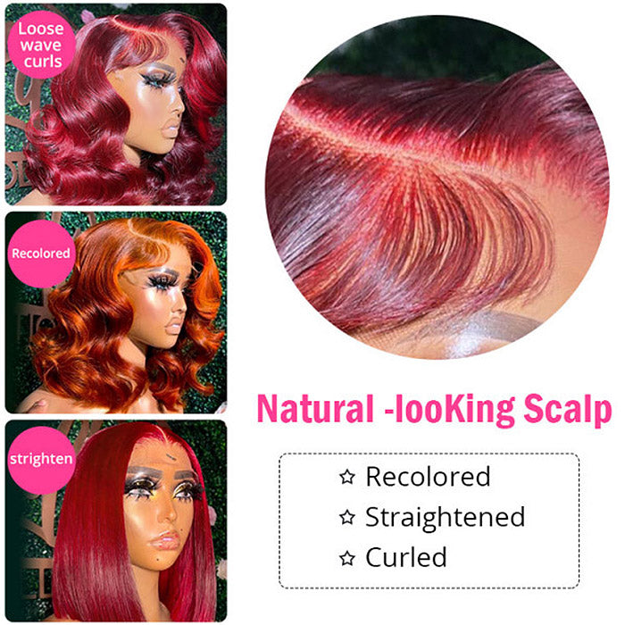 Red Body Wave Lace Front Wig Glueless Human Hair Wig Red Color