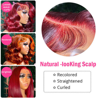 Red Body Wave Lace Front Wig Glueless Human Hair Bob Wig