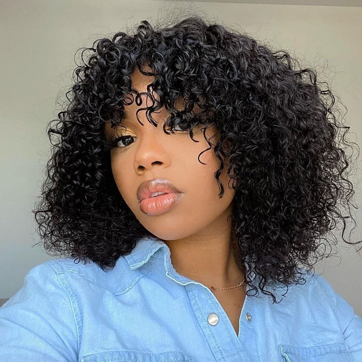 Wear & Go Glueless Wigs  Curly Wig With Bangs No Lace No Glue Human Hair Wigs