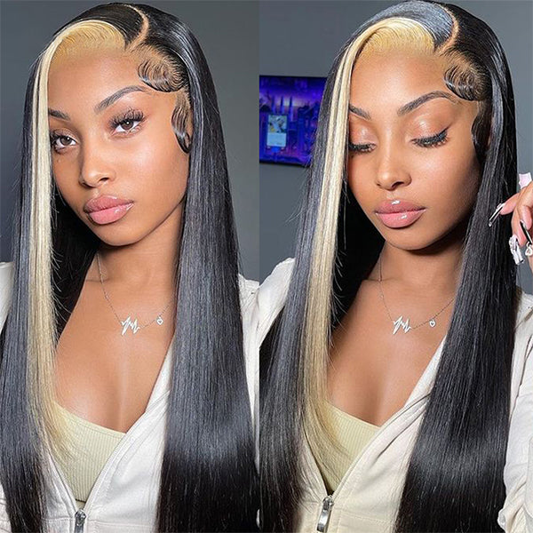 Wear and Go Straight Hair Wig 180% Density 13x4 HD Lace Frontal Wig 1B/613 Colored Wigs Skunk Stripe Human Hair Wigs