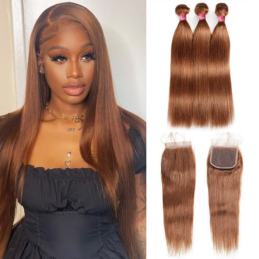 Bone Straight Human Hair With Lace Closure 3 Bundles With Closure 4# Color Hair Extensions