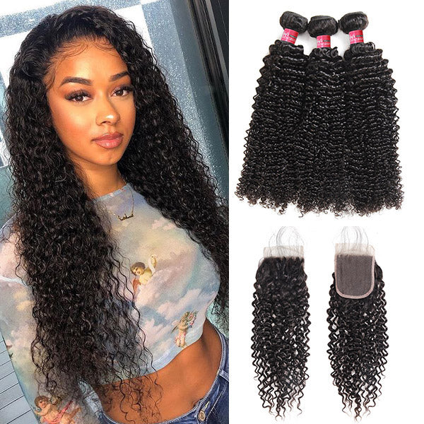 Peruvian hair Kinky Curls With 4*4 Lace Closure 100% Unprocessed Human Hair Extension