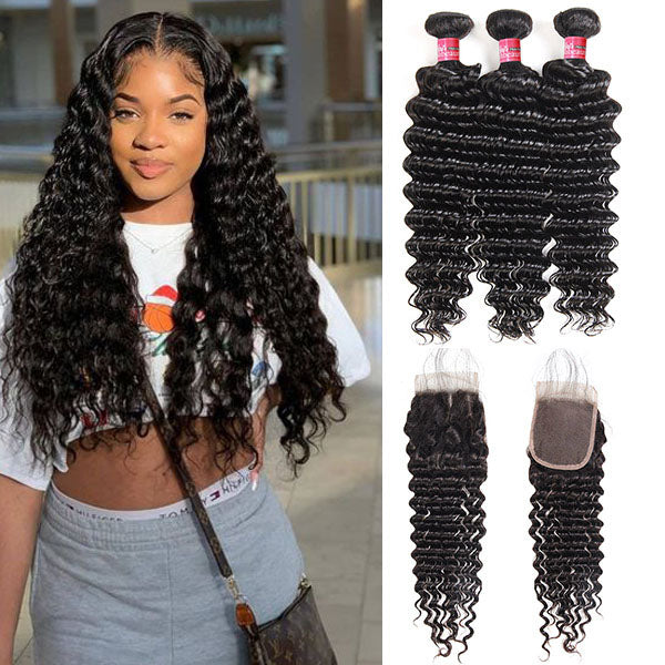 Indian Hair Deep Wave With 4*4 Lace Closure 100% Unprocessed Human Hair Extension