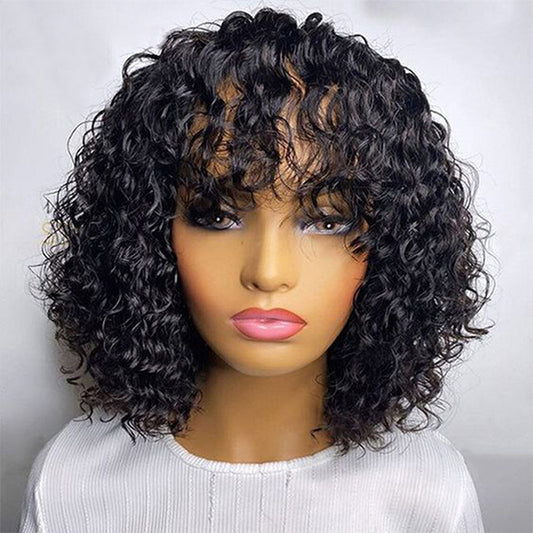 No Glue No Lace Natural Short Culry Fringe Wig With Bangs