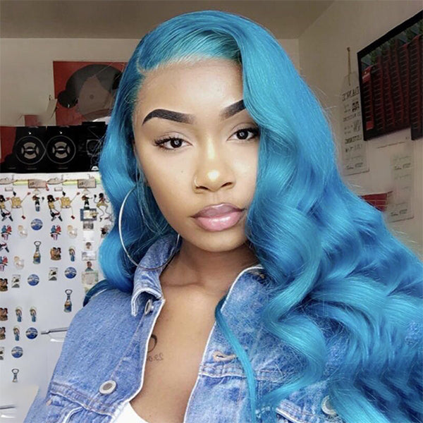 Sky Blue Lace Front Wig Body Wave 13x4 Lace Frontal Wig Preplucked Light Blue Colored Human Hair Wig