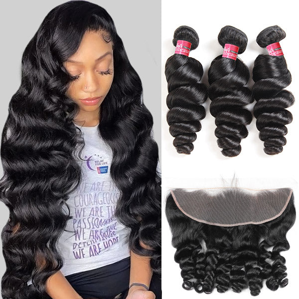 HD Lace Frontal with Bundles Loose Wave Brazilian Hair 3 Bundles with 13x4 Frontal Closure