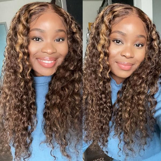 5x5 Lace Closure Wig Honey Blonde Highlights Wig Deep Wave Human Hair  Glueless Wigs P4/27