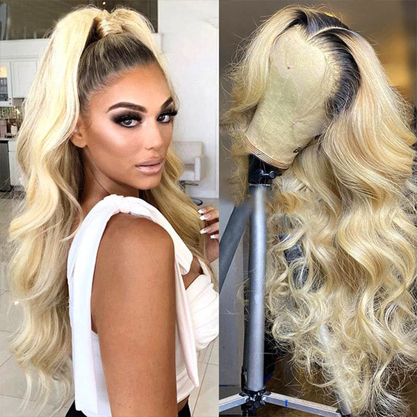 Body Wave Blonde Human Hair Wigs T1B/613 Full Lace Wigs With Pre Plucked Transparent 13x4 Lace Front Wigs