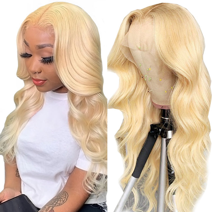 Honey Blonde Human Hair Wigs Body Wave Wigs T Part Lace Wigs Pre-Cut Lace Friendly For Beginner