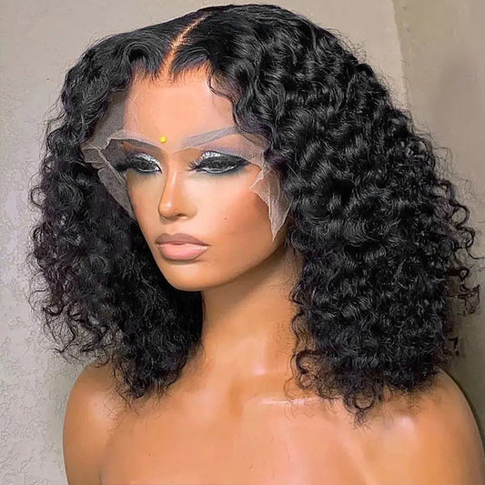 Glueless Deep Wave Wig 250% Density 13x4 HD Lace Front Wig 14 Inch Short Bob Wig Deep Curly Wigs