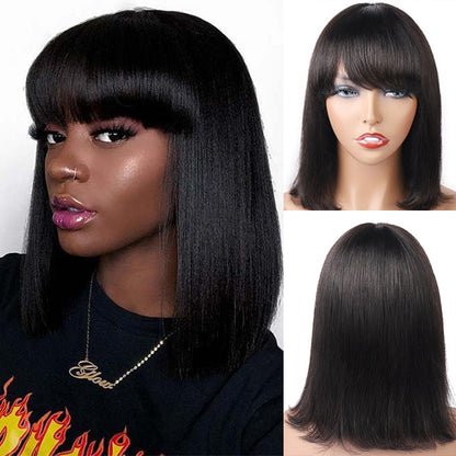 Bob Short Straight Human Hair Wigs With Bangs ,Without Lace Wigs For Black Women