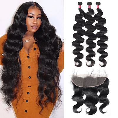 Bundles with Frontal Brazilian Body Wave Hair 3 Bundles with 13x4 Lace Front Closure